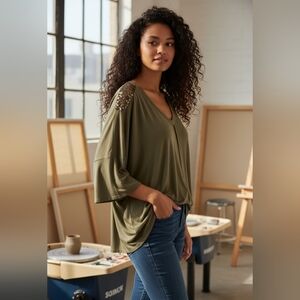 Nene Leakes Army Green Embellished Tunic Top Size Large